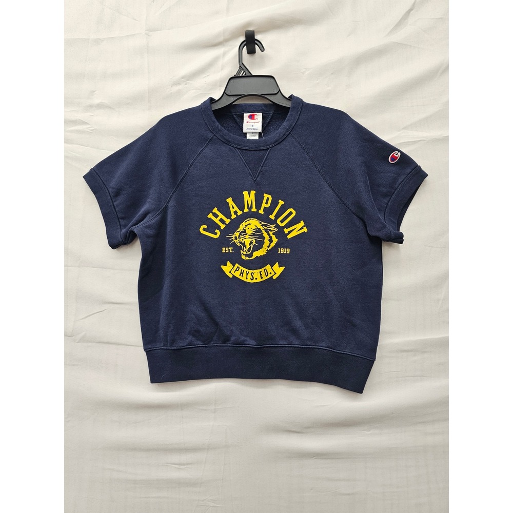 Champion Womens Cropped Short Sleeve Sweatshirt Navy Cotton Blend Size Small
